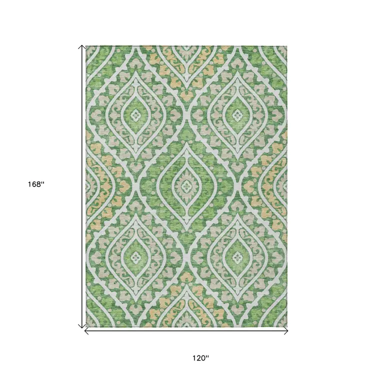 10' X 14' Green Beige And Ivory Floral Washable Indoor Outdoor Area Rug