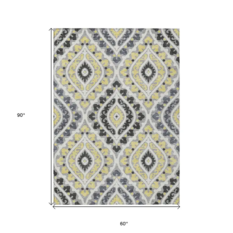 5' X 8' Gray Silver And Charcoal Floral Washable Indoor Outdoor Area Rug