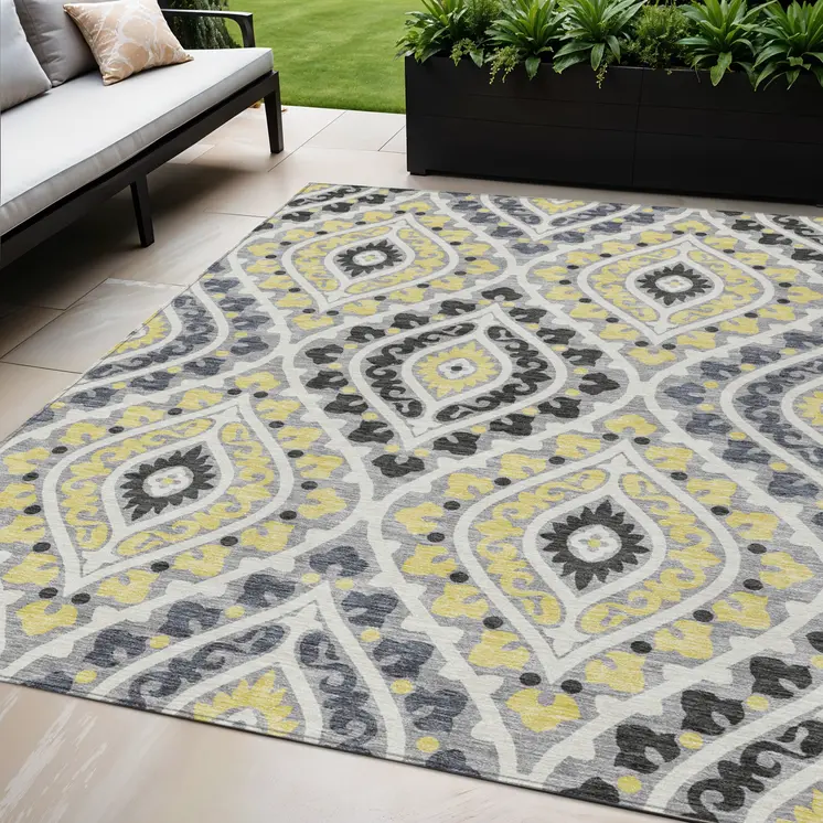 5' X 8' Gray Silver And Charcoal Floral Washable Indoor Outdoor Area Rug