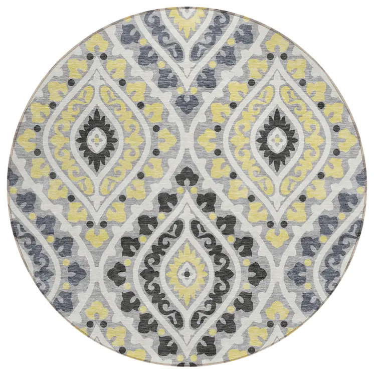 8' Gray Silver And Charcoal Round Floral Washable Indoor Outdoor Area Rug