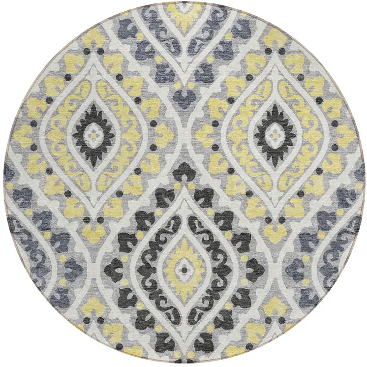 8' Gray Silver And Charcoal Round Floral Washable Indoor Outdoor Area Rug