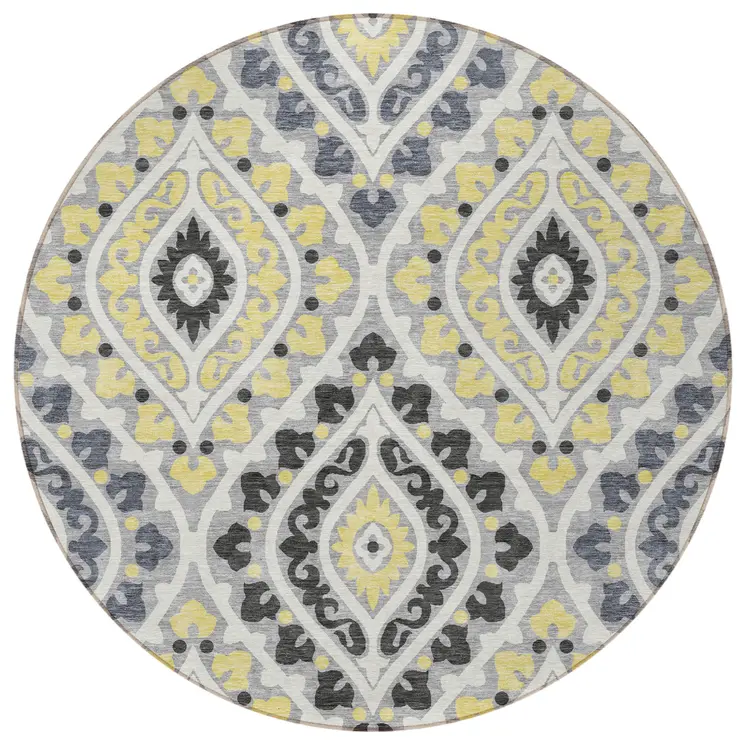 8' Gray Silver And Charcoal Round Floral Washable Indoor Outdoor Area Rug