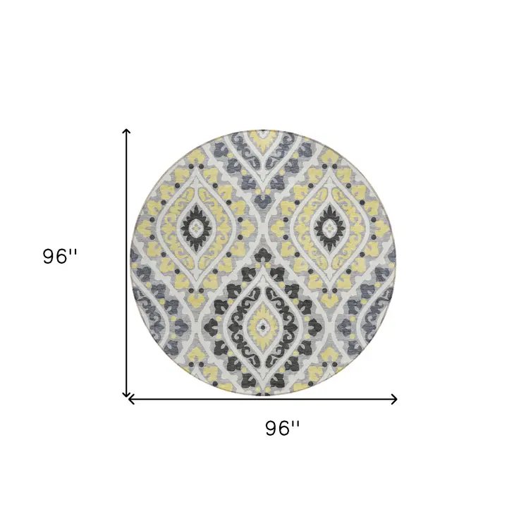 8' Gray Silver And Charcoal Round Floral Washable Indoor Outdoor Area Rug