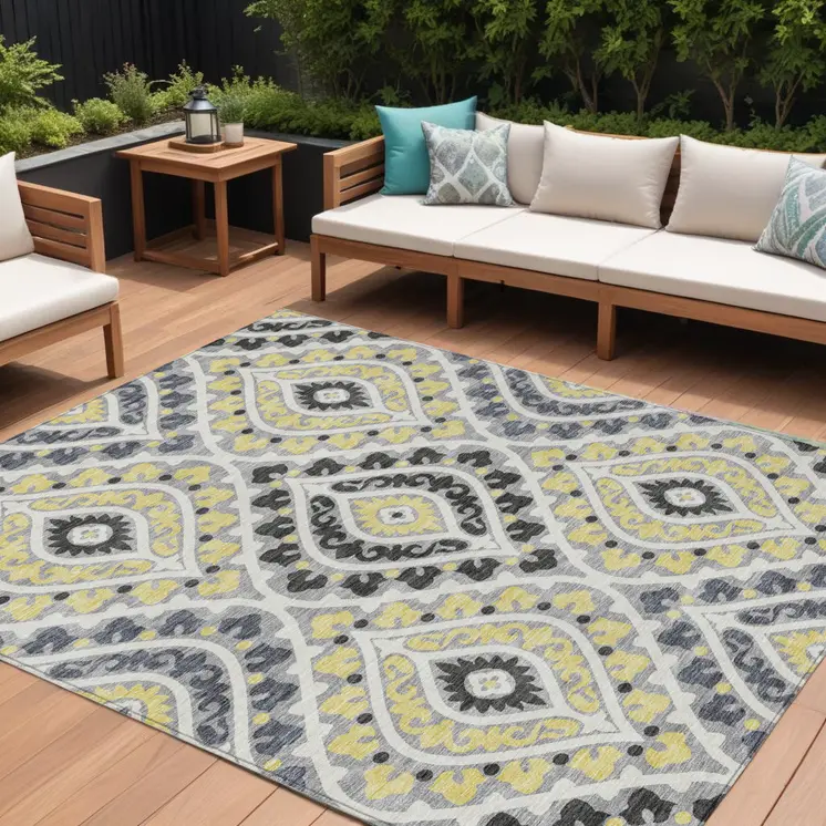 8' X 10' Gray Silver And Charcoal Floral Washable Indoor Outdoor Area Rug