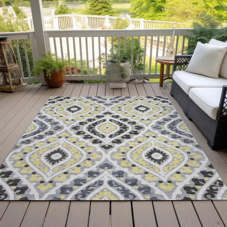 8' X 10' Gray Silver And Charcoal Floral Washable Indoor Outdoor Area Rug