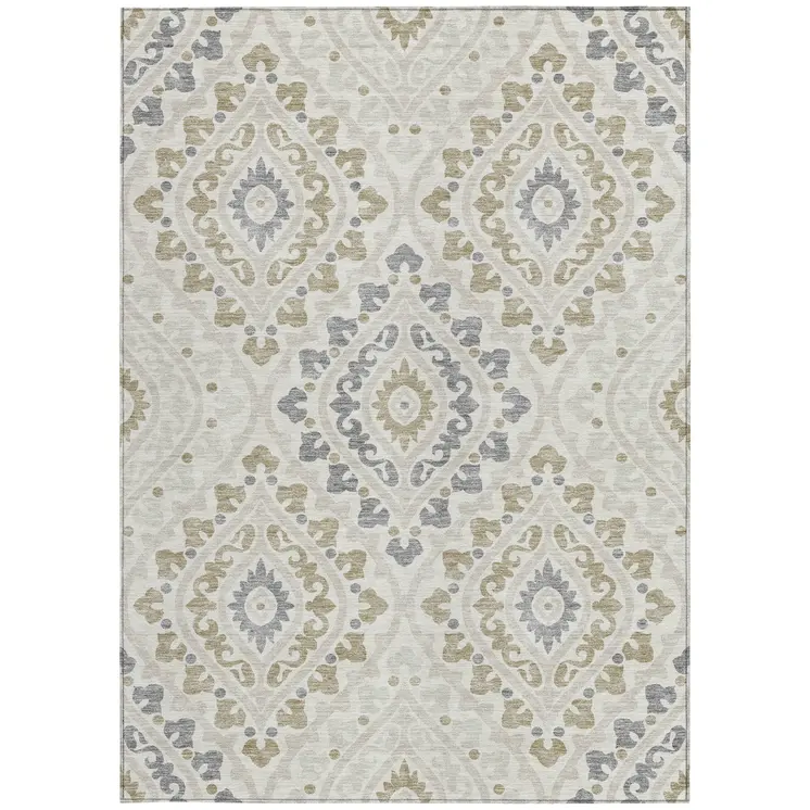 3' X 5' Ivory Beige And Gray Floral Washable Indoor Outdoor Area Rug