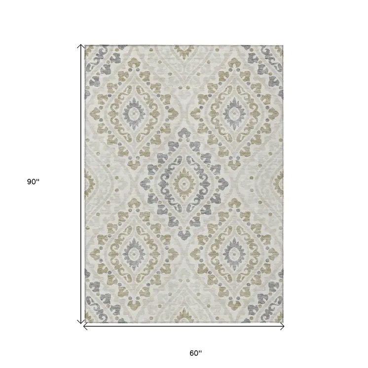 5' X 8' Ivory Beige And Gray Floral Washable Indoor Outdoor Area Rug