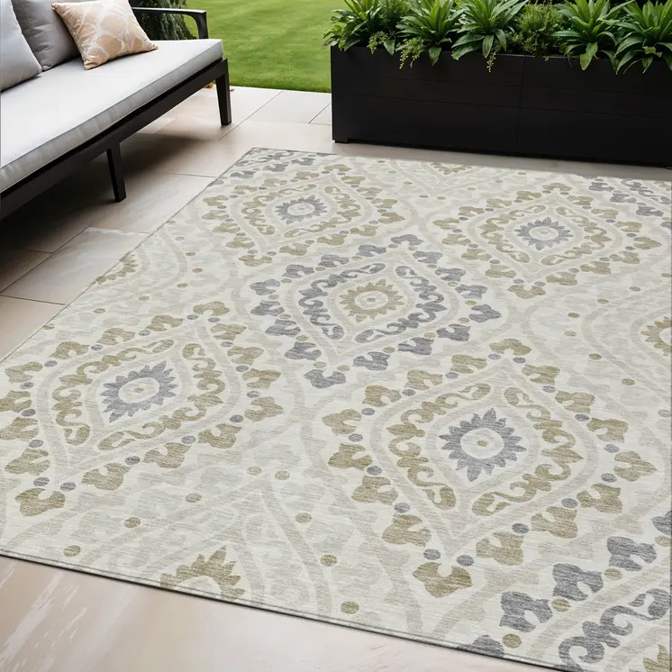 5' X 8' Ivory Beige And Gray Floral Washable Indoor Outdoor Area Rug