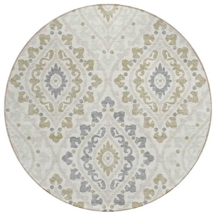 8' Ivory Beige And Gray Round Floral Washable Indoor Outdoor Area Rug