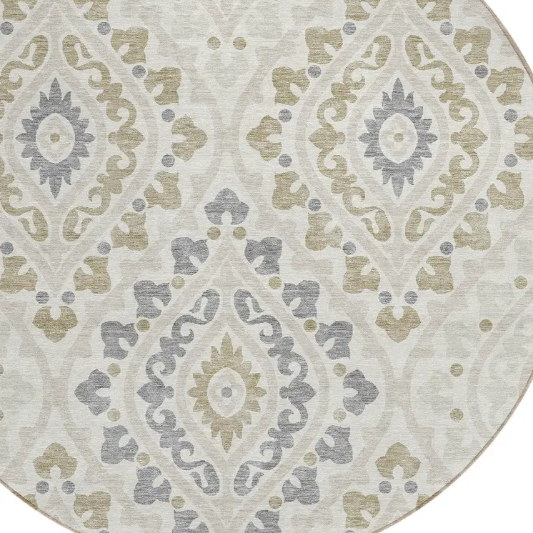 8' Ivory Beige And Gray Round Floral Washable Indoor Outdoor Area Rug