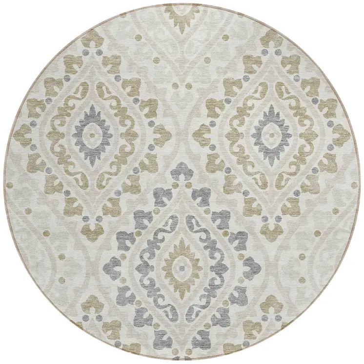 8' Ivory Beige And Gray Round Floral Washable Indoor Outdoor Area Rug