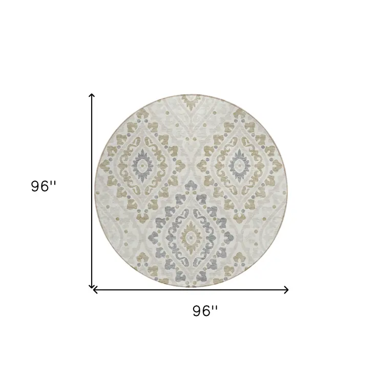 8' Ivory Beige And Gray Round Floral Washable Indoor Outdoor Area Rug