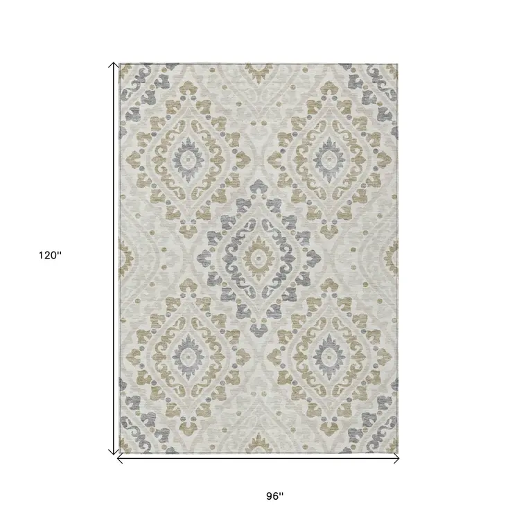 8' X 10' Ivory Beige And Gray Floral Washable Indoor Outdoor Area Rug