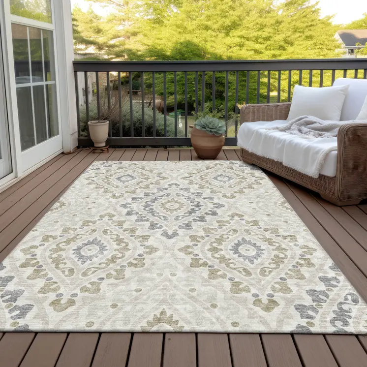 8' X 10' Ivory Beige And Gray Floral Washable Indoor Outdoor Area Rug