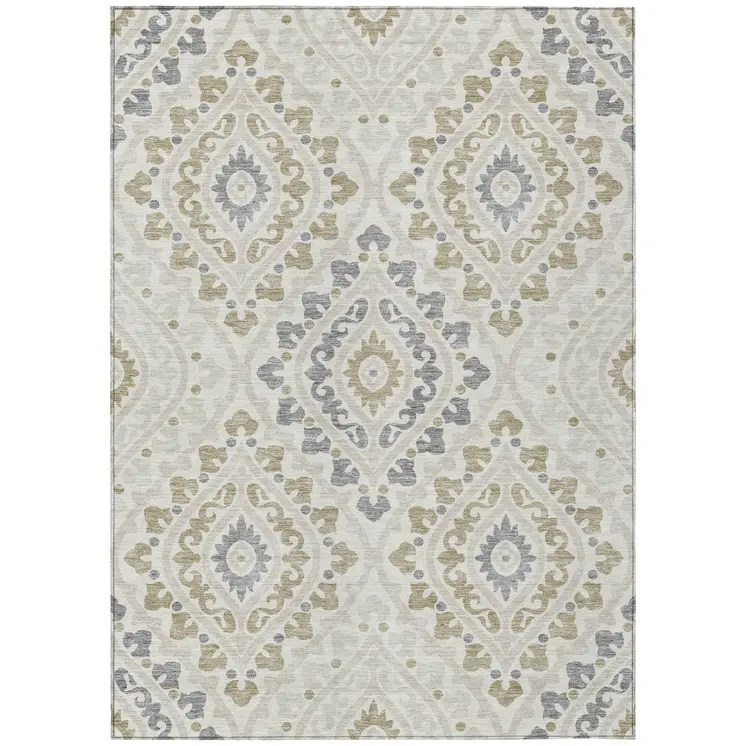 8' X 10' Ivory Beige And Gray Floral Washable Indoor Outdoor Area Rug
