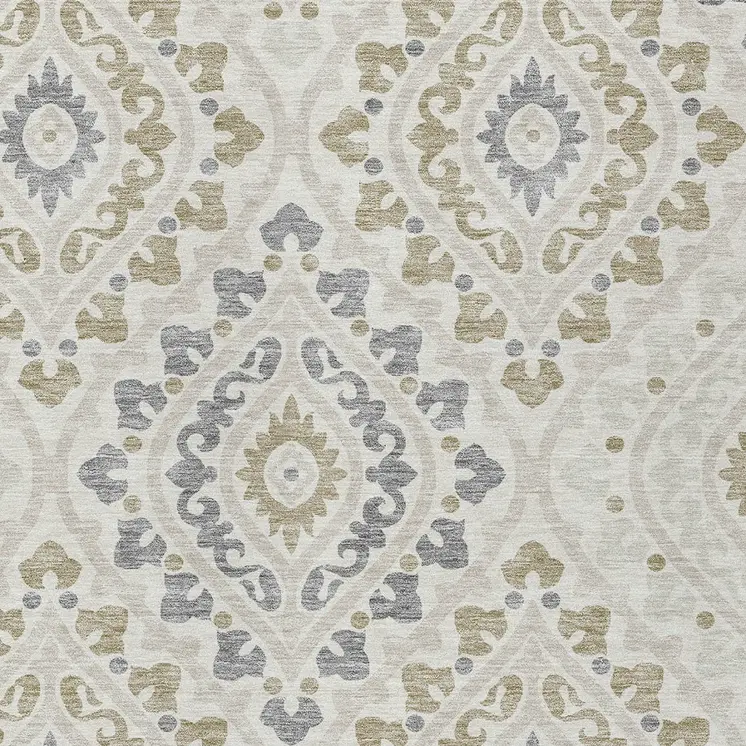 9' X 12' Ivory Beige And Gray Floral Washable Indoor Outdoor Area Rug