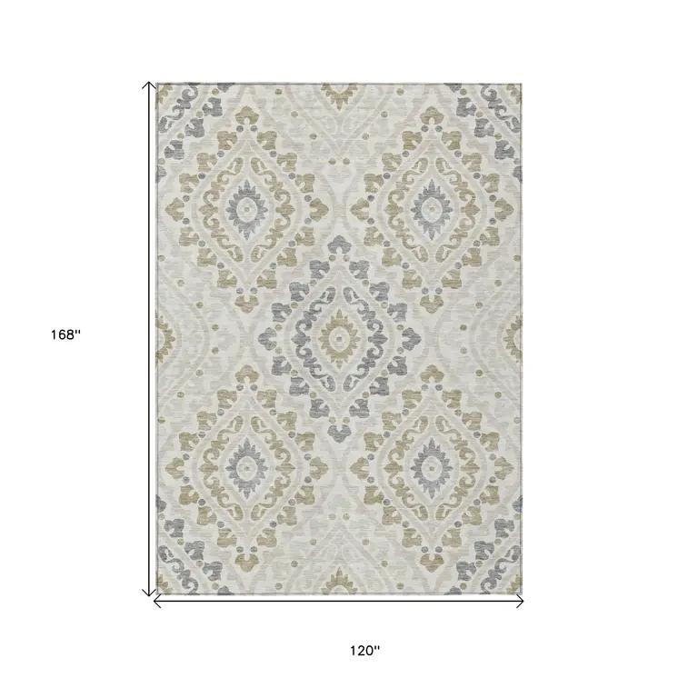 10' X 14' Ivory Beige And Gray Floral Washable Indoor Outdoor Area Rug