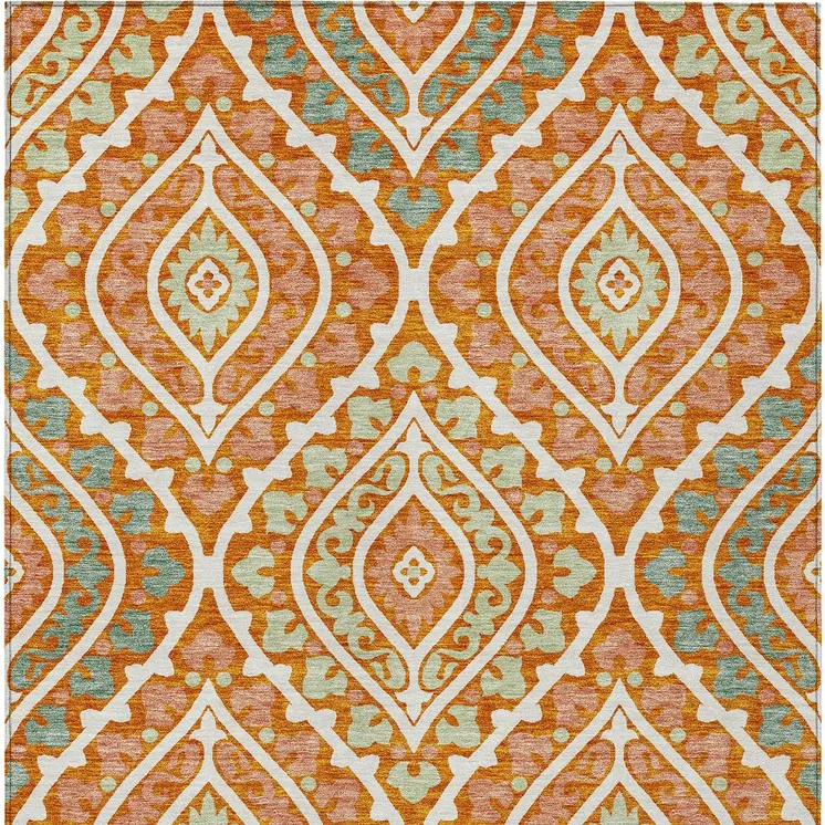 5' X 8' Orange Peach And Ivory Floral Washable Indoor Outdoor Area Rug
