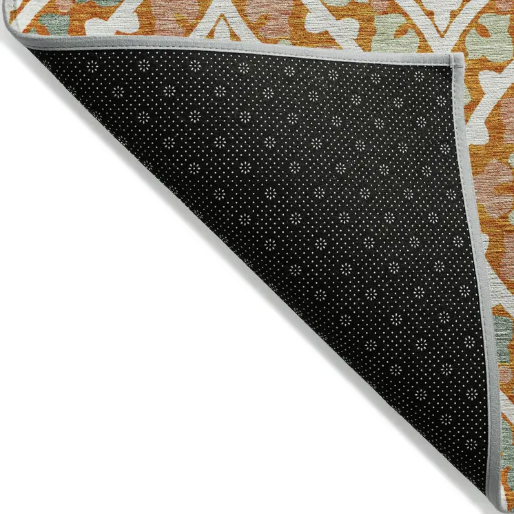5' X 8' Orange Peach And Ivory Floral Washable Indoor Outdoor Area Rug
