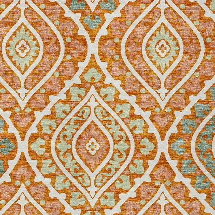 5' X 8' Orange Peach And Ivory Floral Washable Indoor Outdoor Area Rug