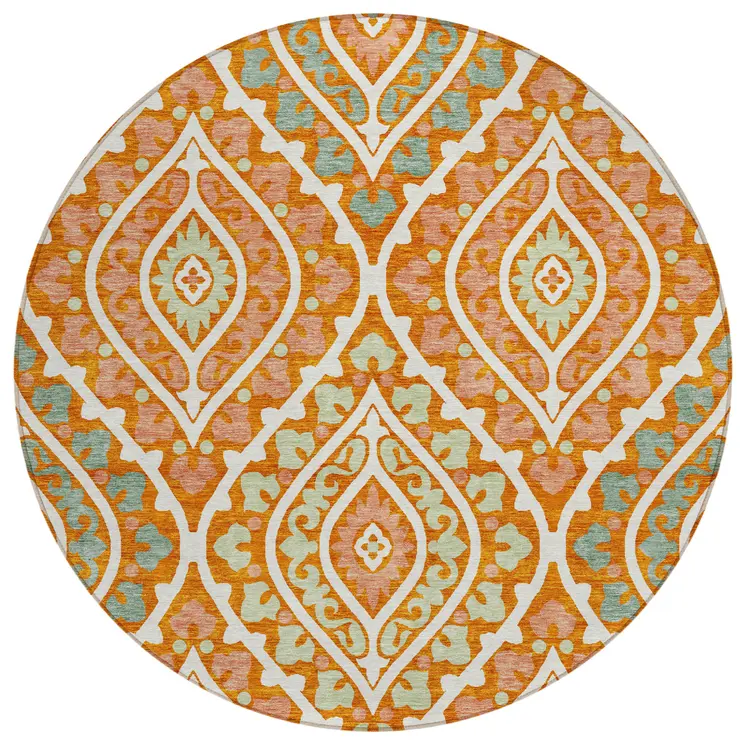8' Orange Peach And Ivory Round Floral Washable Indoor Outdoor Area Rug