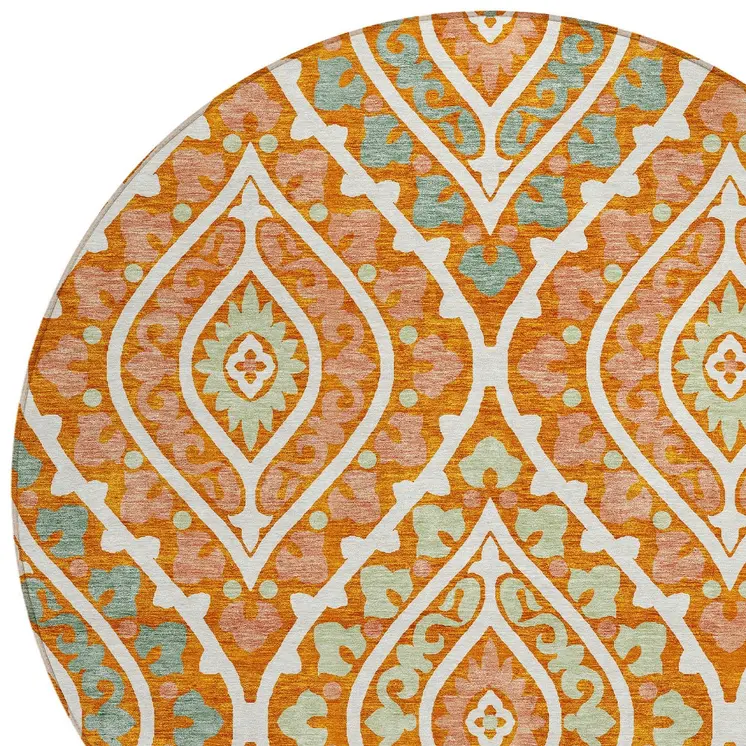 8' Orange Peach And Ivory Round Floral Washable Indoor Outdoor Area Rug
