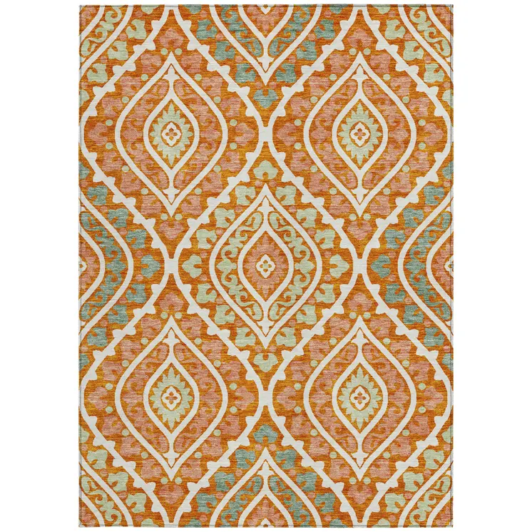8' X 10' Orange Peach And Ivory Floral Washable Indoor Outdoor Area Rug