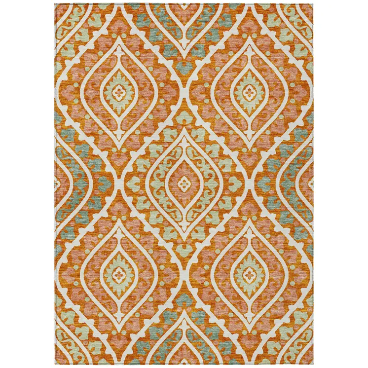 8' X 10' Orange Peach And Ivory Floral Washable Indoor Outdoor Area Rug