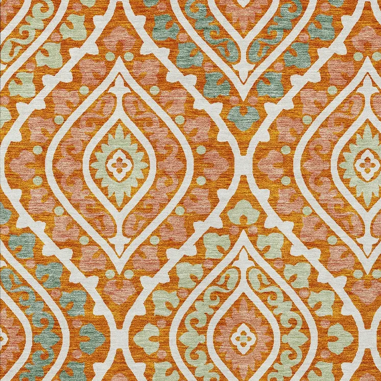 8' X 10' Orange Peach And Ivory Floral Washable Indoor Outdoor Area Rug