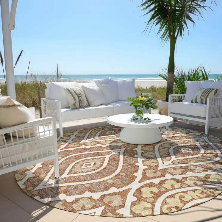 8' Orange Gold And Ivory Round Floral Washable Indoor Outdoor Area Rug