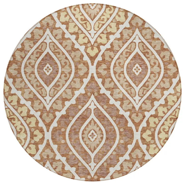 8' Orange Gold And Ivory Round Floral Washable Indoor Outdoor Area Rug