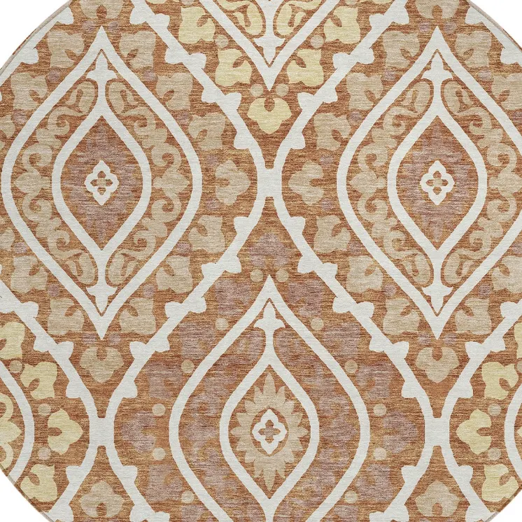 8' Orange Gold And Ivory Round Floral Washable Indoor Outdoor Area Rug