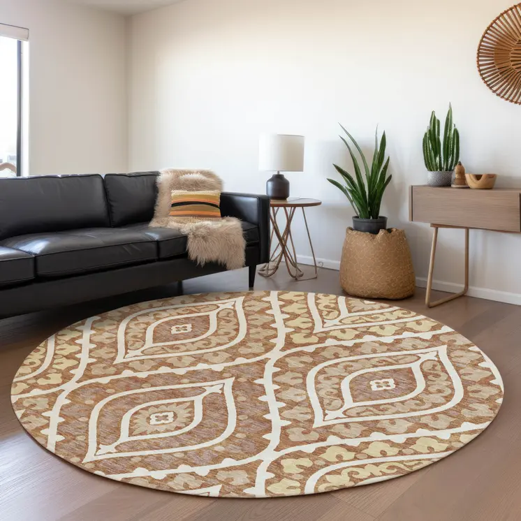 8' Orange Gold And Ivory Round Floral Washable Indoor Outdoor Area Rug