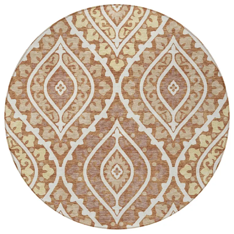 8' Orange Gold And Ivory Round Floral Washable Indoor Outdoor Area Rug