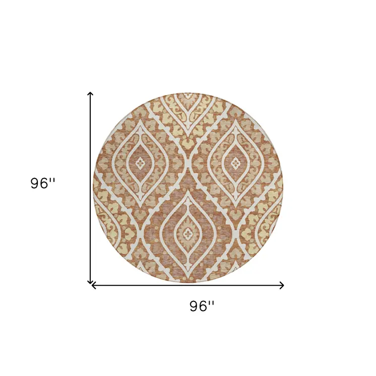 8' Orange Gold And Ivory Round Floral Washable Indoor Outdoor Area Rug