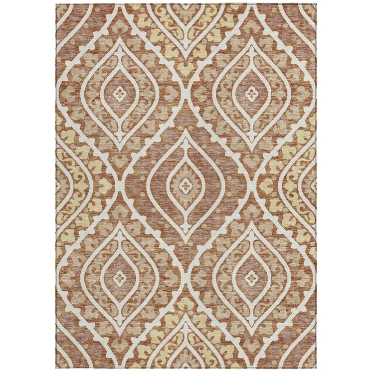 9' X 12' Orange Gold And Ivory Floral Washable Indoor Outdoor Area Rug
