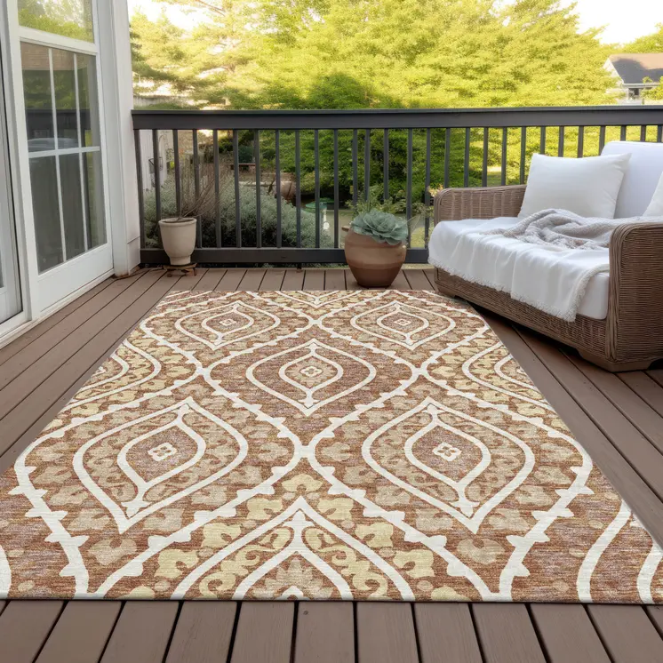 9' X 12' Orange Gold And Ivory Floral Washable Indoor Outdoor Area Rug