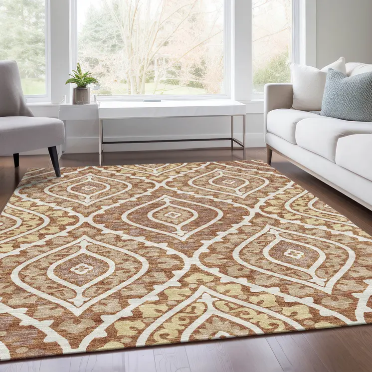 9' X 12' Orange Gold And Ivory Floral Washable Indoor Outdoor Area Rug