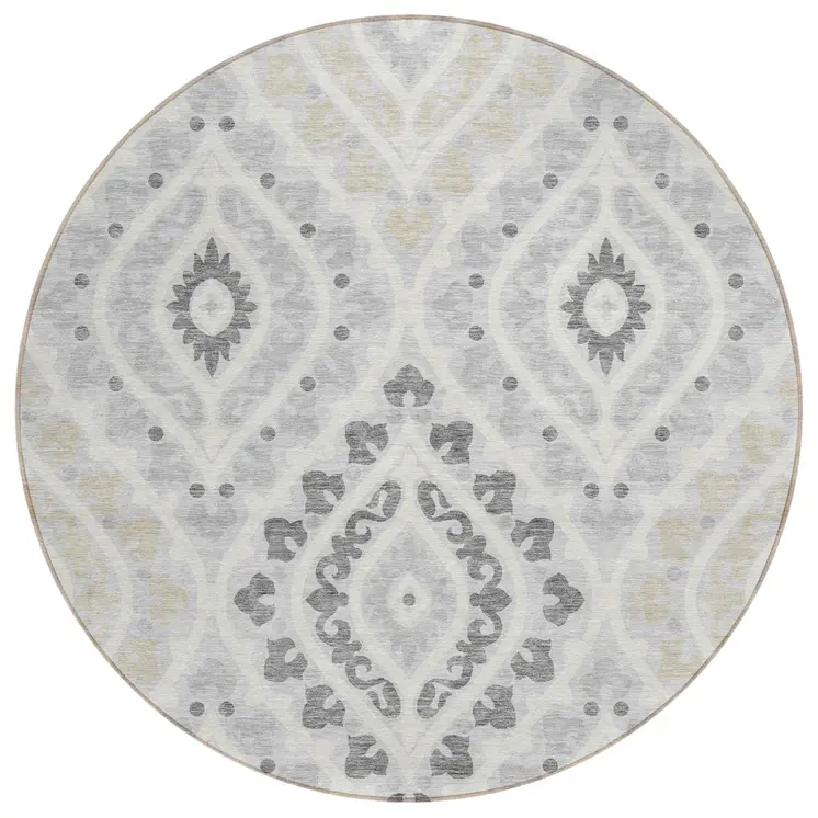8' Silver Gray And Ivory Round Floral Washable Indoor Outdoor Area Rug