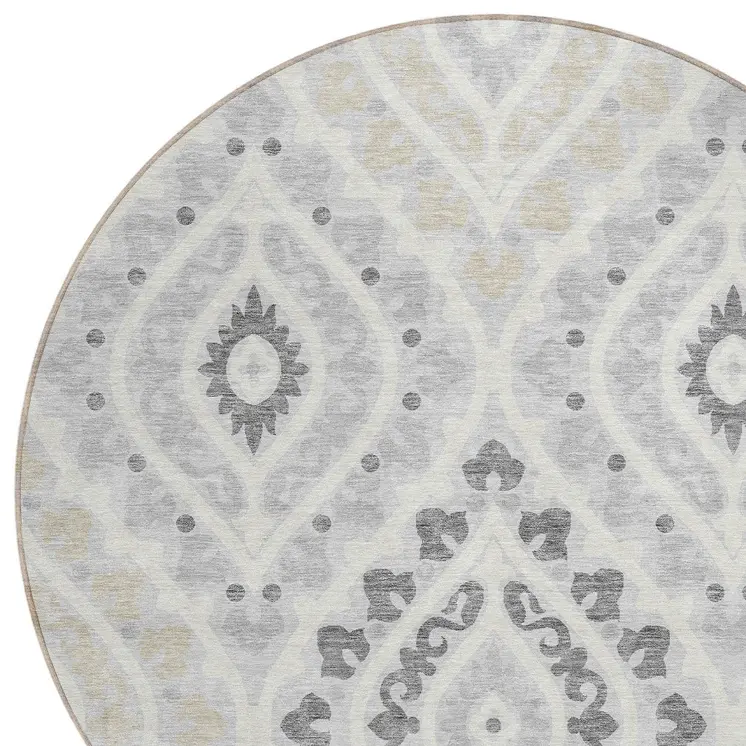 8' Silver Gray And Ivory Round Floral Washable Indoor Outdoor Area Rug