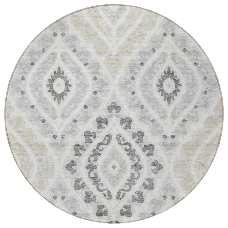 8' Silver Gray And Ivory Round Floral Washable Indoor Outdoor Area Rug