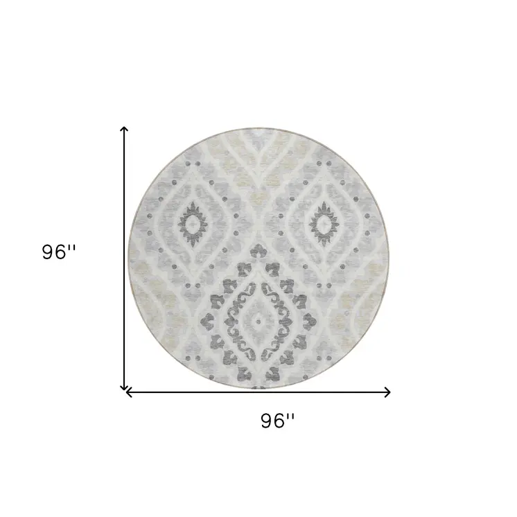 8' Silver Gray And Ivory Round Floral Washable Indoor Outdoor Area Rug