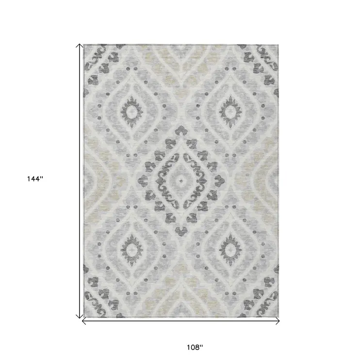 9' X 12' Silver Gray And Ivory Floral Washable Indoor Outdoor Area Rug