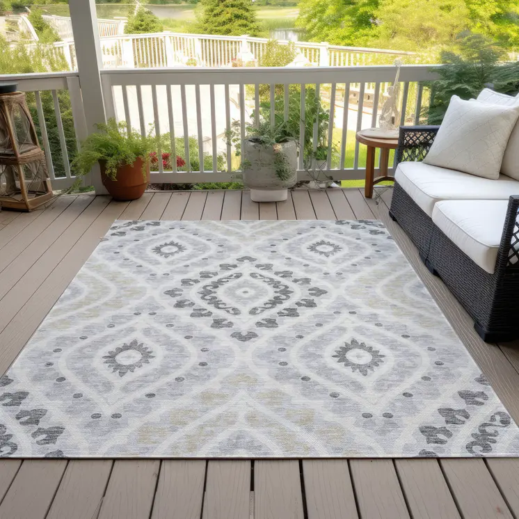 9' X 12' Silver Gray And Ivory Floral Washable Indoor Outdoor Area Rug