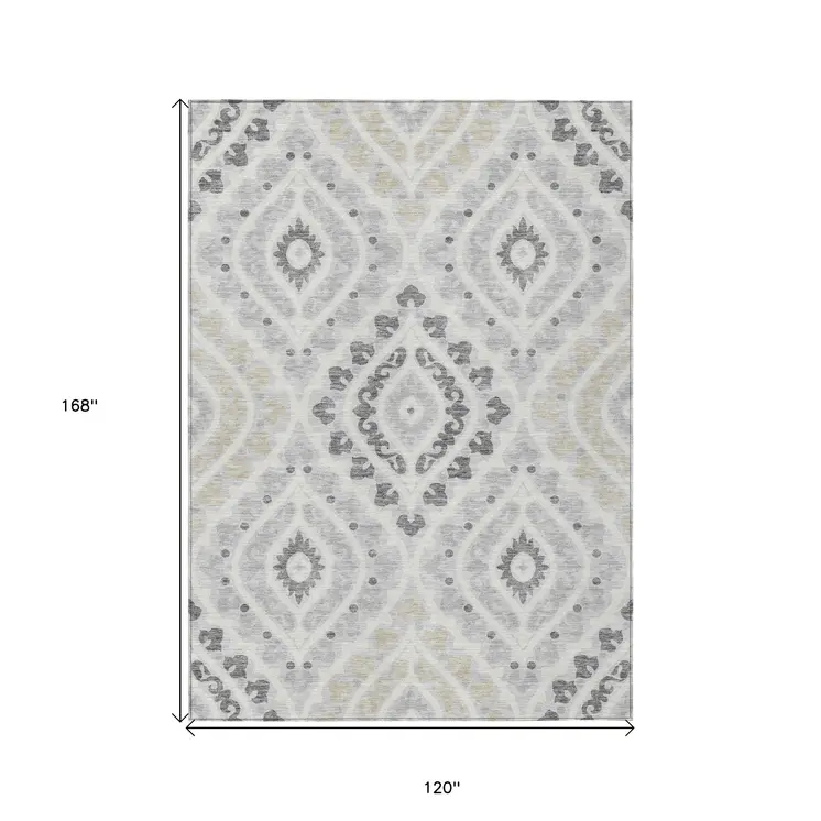 10' X 14' Silver Gray And Ivory Floral Washable Indoor Outdoor Area Rug