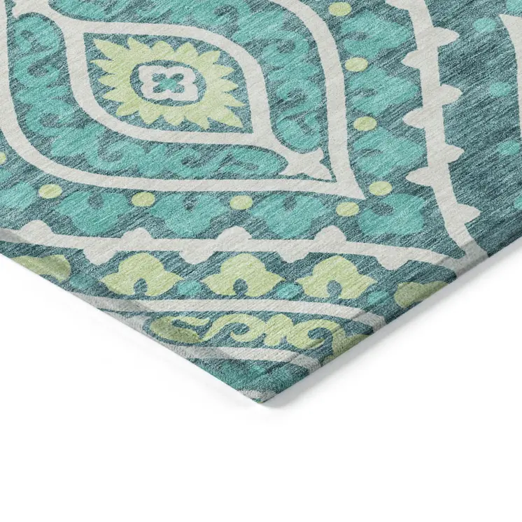 3' X 5' Teal Blue Ivory And Artichoke Green Floral Washable Indoor Outdoor Area Rug