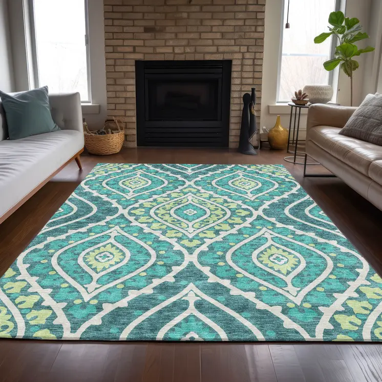 3' X 5' Teal Blue Ivory And Artichoke Green Floral Washable Indoor Outdoor Area Rug