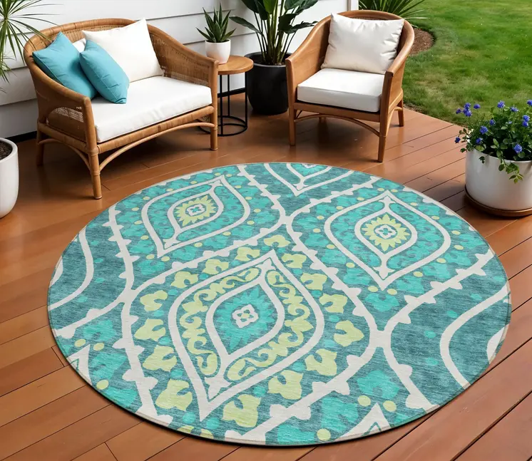 8' Teal Blue Ivory And Artichoke Green Round Floral Washable Indoor Outdoor Area Rug