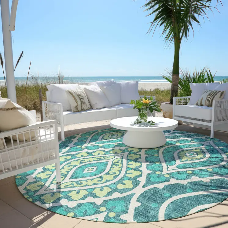8' Teal Blue Ivory And Artichoke Green Round Floral Washable Indoor Outdoor Area Rug