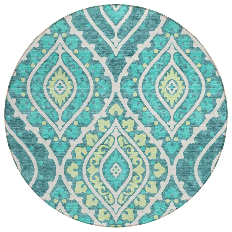 8' Teal Blue Ivory And Artichoke Green Round Floral Washable Indoor Outdoor Area Rug